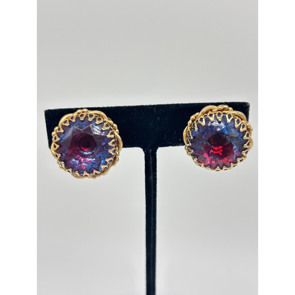 VTG‎ Schiaparelli Style Blue and Purple Glass Earrings with Ornate Prong Setting
